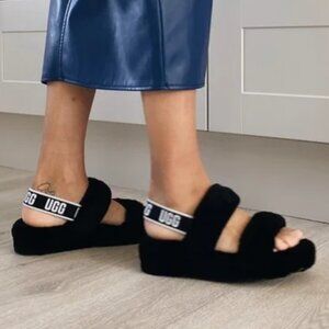 Ugg Oh Yeah Fluff Slide Sandals Black Belted Ankle Slippers Size 8 Women's